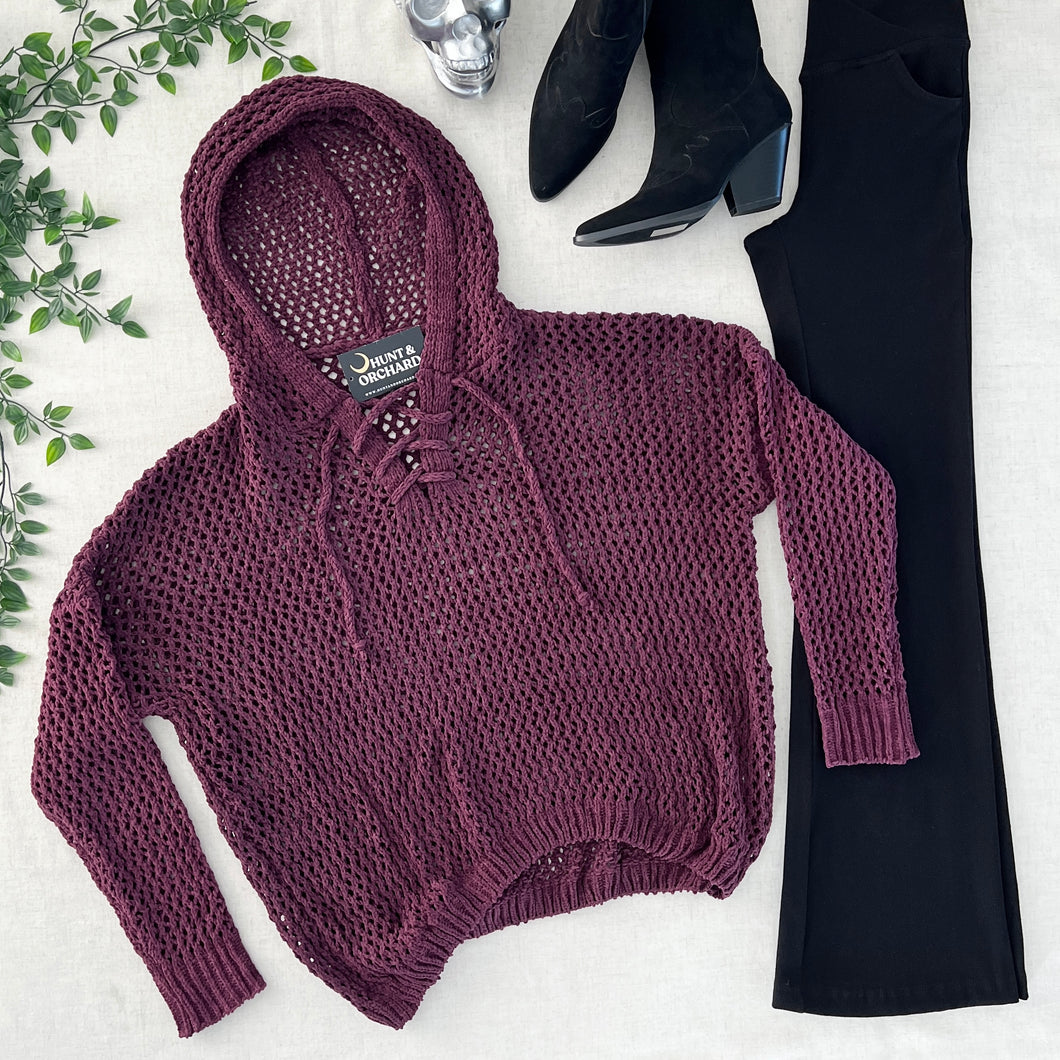 Chenille Open Knit Hooded Sweater - Plum