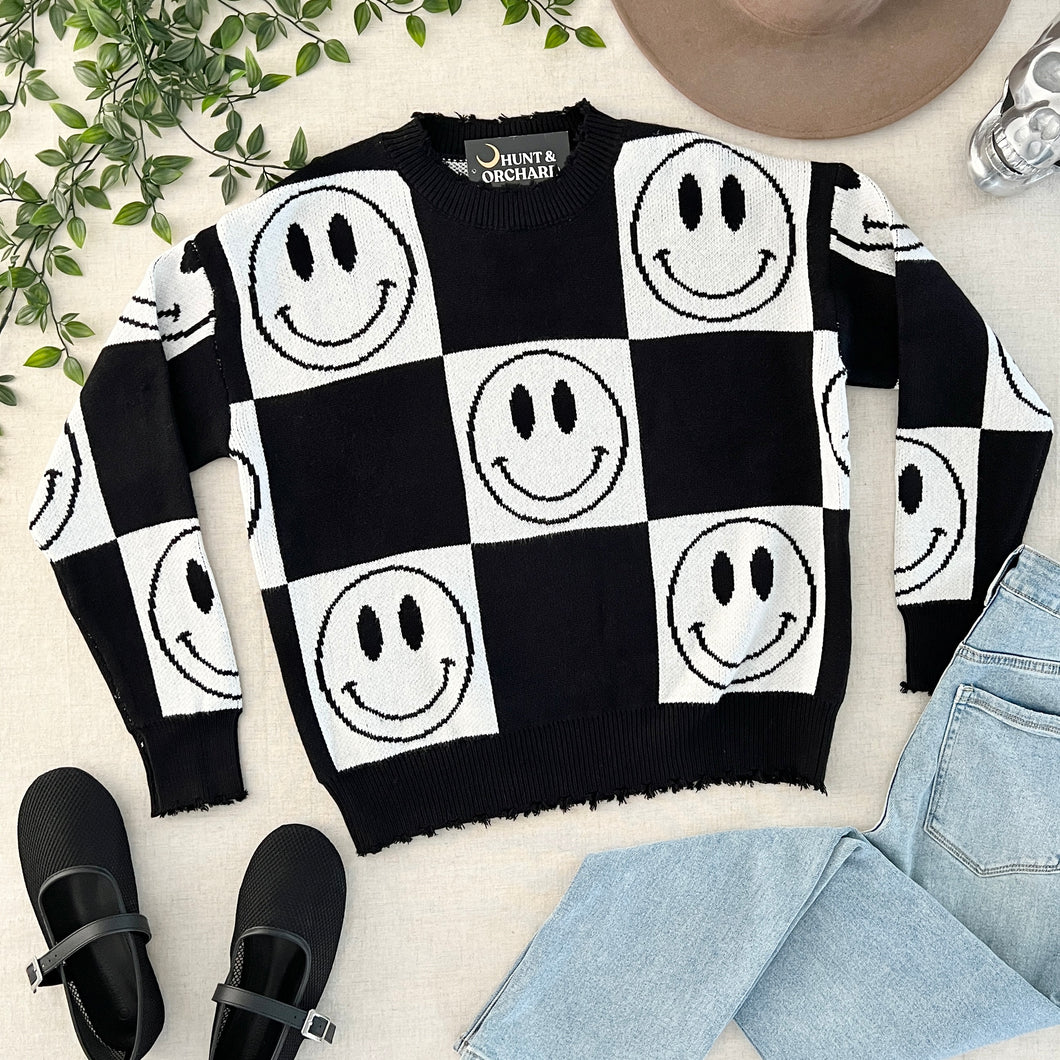 Smiley Face Checkerboard Sweater - Black/White