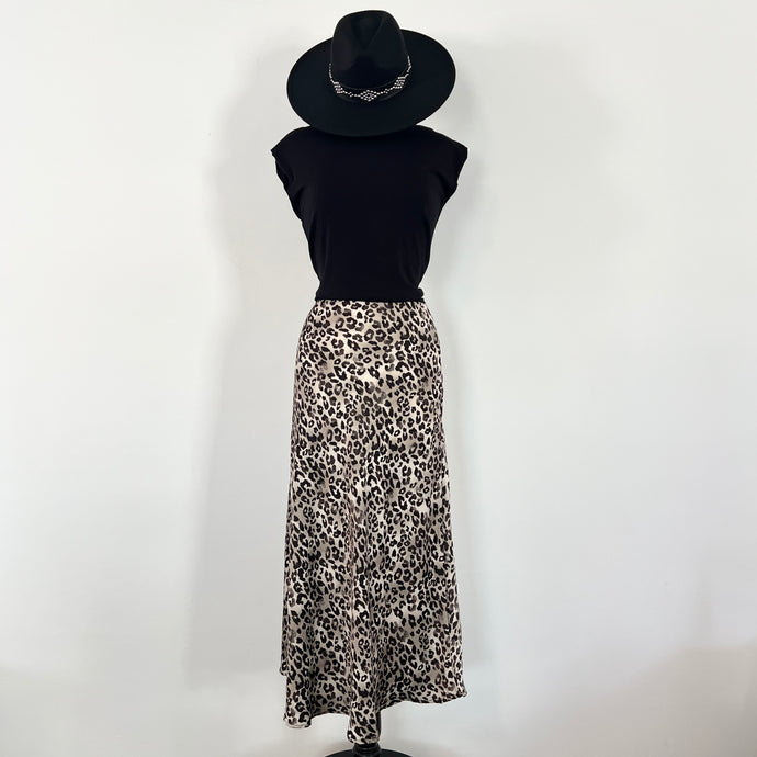 Leopard Satin Midi Skirt - Gray