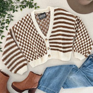 Checkerboard Cardigan Sweater - Brown