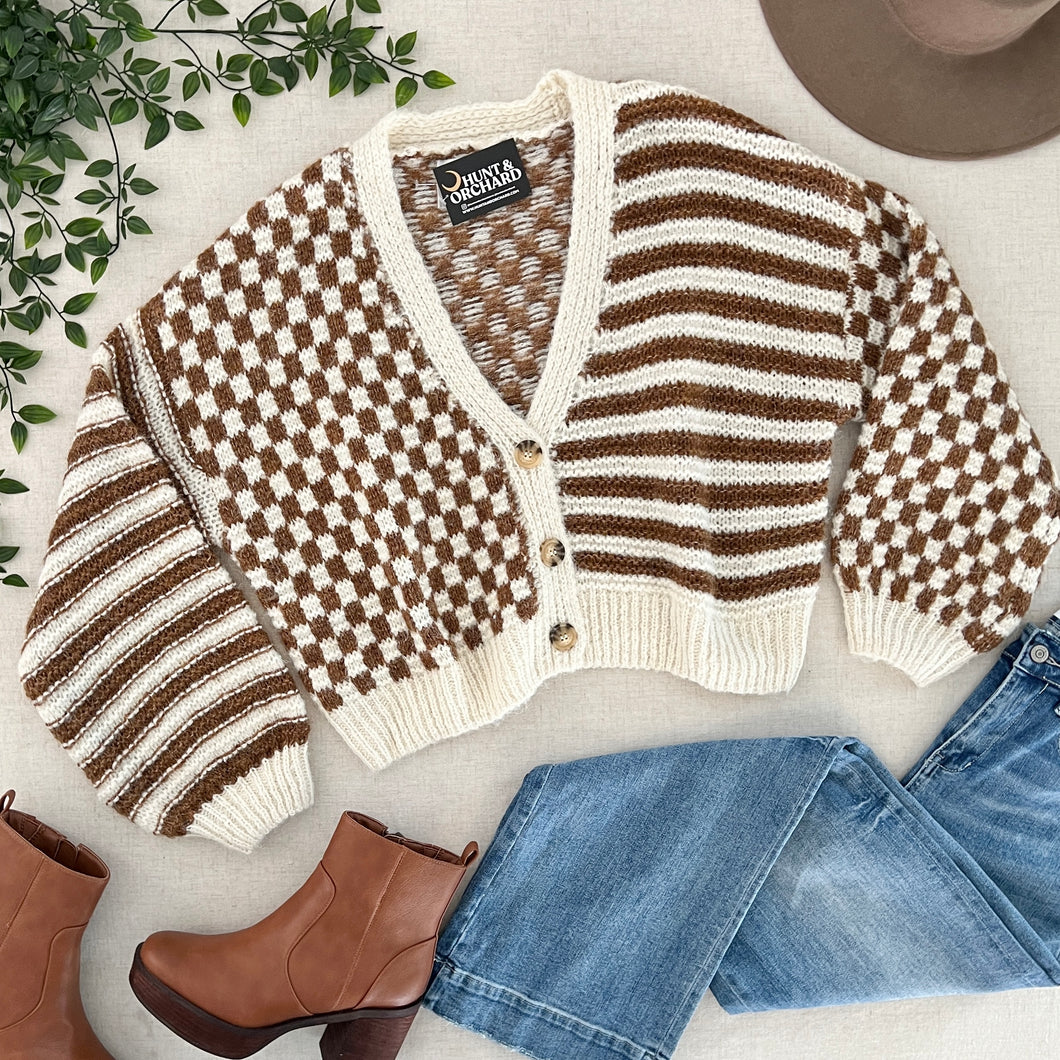 Checkerboard Cardigan Sweater - Brown