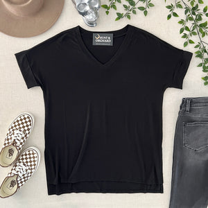 V Neck Oversize Tee - Black