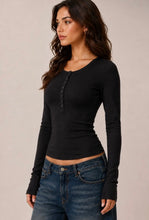 Henley Crew Long Sleeve Top - Black