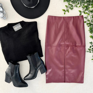 Vegan Leather Front Split Skirt - Burgundy