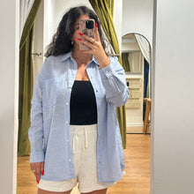 On the Coast Linen Button Top Shirt - Blue/White